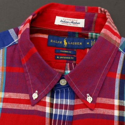 【中古】【未使用】ラルフローレン RALPH LAUREN コットン チェック ボタンダウン 半袖シャツ レッドxネイビー【サイズＭ】【 状態ランクS 】【 メンズ 】