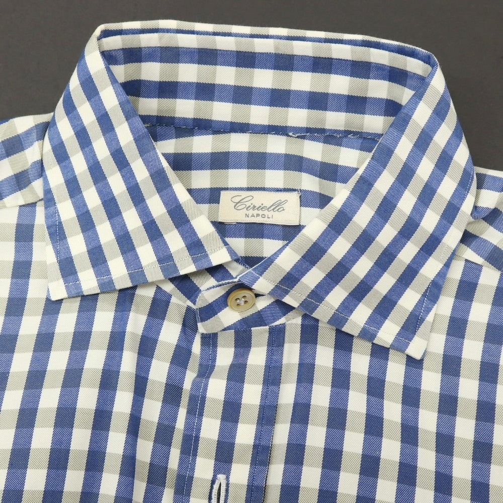 【中古】チリエッロ CIRIELLO コットン チェック ワイドカラー カジュアルシャツ ネイビーxカーキ【サイズ38】【 状態ランクB 】【 メンズ 】