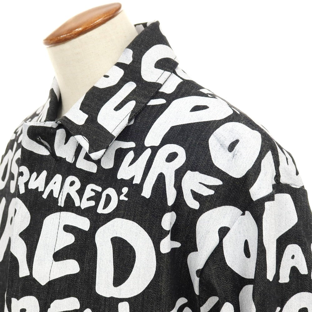 【新品アウトレット】ディースクエアード DSQUARED2 ストレッチ デニム D2 Pop 80’ ロゴプリント ステンカラーコート ブラックxホワイト【サイズ46】【 状態ランクN- 】【 メンズ 】