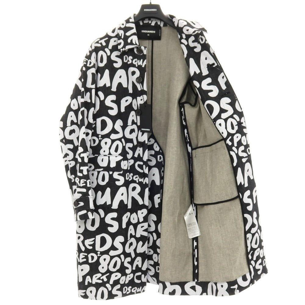 【SALE50%OFF/返品不可】【新品アウトレット】ディースクエアード DSQUARED2 ストレッチ デニム D2 Pop 80’ ロゴプリント ステンカラーコート ブラックxホワイト【 サイズ46 】【 状態ランクN- 】【 メンズ 】
