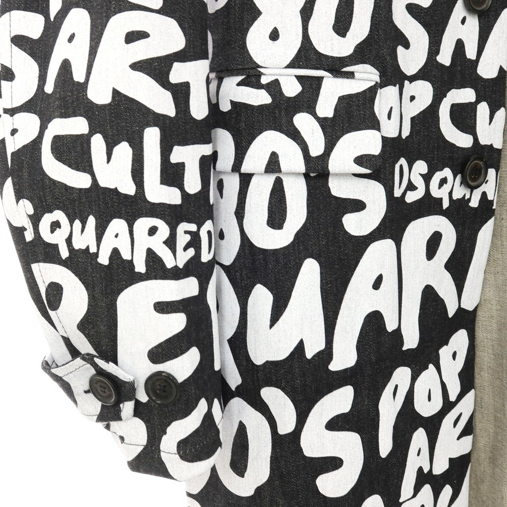【新品アウトレット】ディースクエアード DSQUARED2 ストレッチ デニム D2 Pop 80’ ロゴプリント ステンカラーコート ブラックxホワイト【サイズ48】【 状態ランクN- 】【 メンズ 】