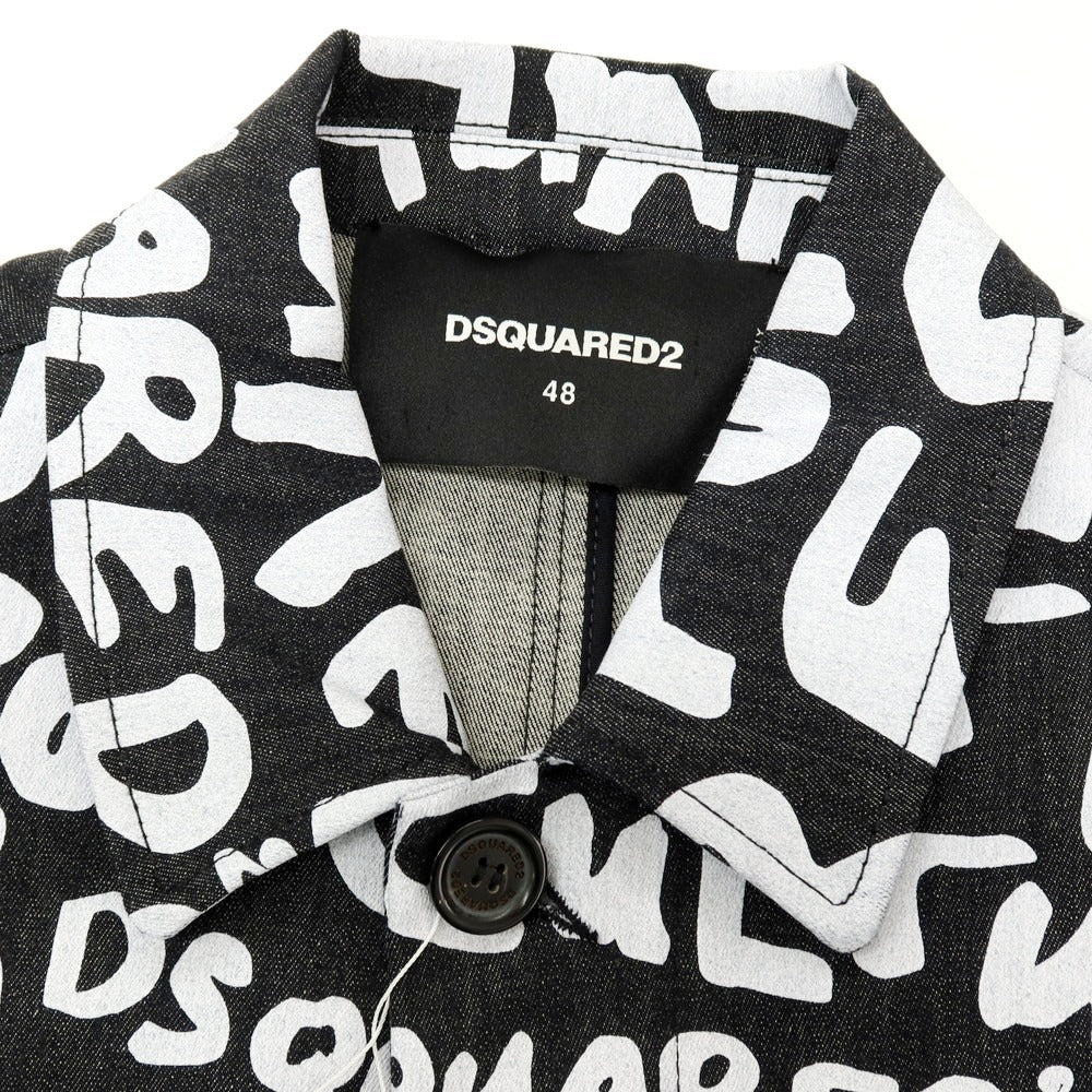 【新品アウトレット】ディースクエアード DSQUARED2 ストレッチ デニム D2 Pop 80’ ロゴプリント ステンカラーコート ブラックxホワイト【サイズ48】【 状態ランクN- 】【 メンズ 】