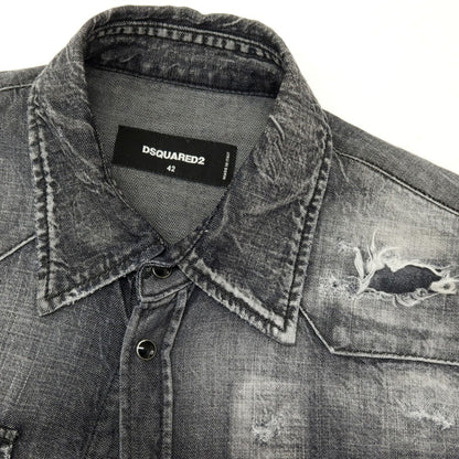 【新品】ディースクエアード DSQUARED2 Classic Westem Shirt ダメージ加工 コットン デニム ウエスタンシャツ ブラック【サイズ42】【 状態ランクN 】【 メンズ 】