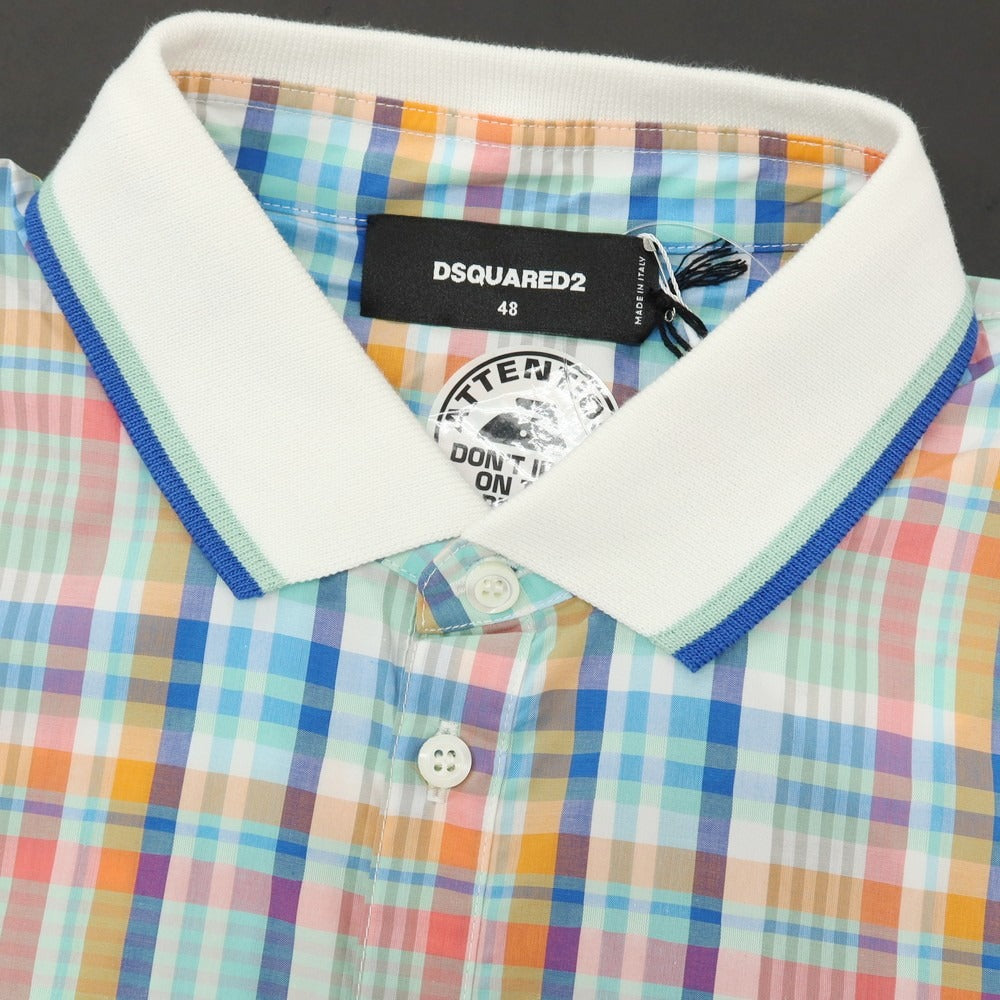 【新品アウトレット】ディースクエアード DSQUARED2 コットン チェック 切り替え 半袖ポロシャツ ライトブルーxマルチカラー【サイズ48】【 状態ランクN- 】【 メンズ 】