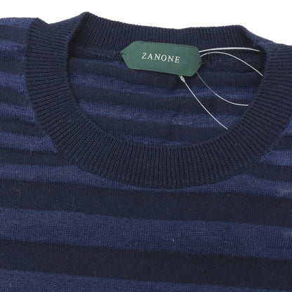 【SALE10%OFF/返品不可】【新品】ザノーネ ZANONE ハイゲージ コットンリネン ボーダー クルーネック 半袖ニット ネイビー系【 サイズ52 】【 状態ランクN 】【 メンズ 】