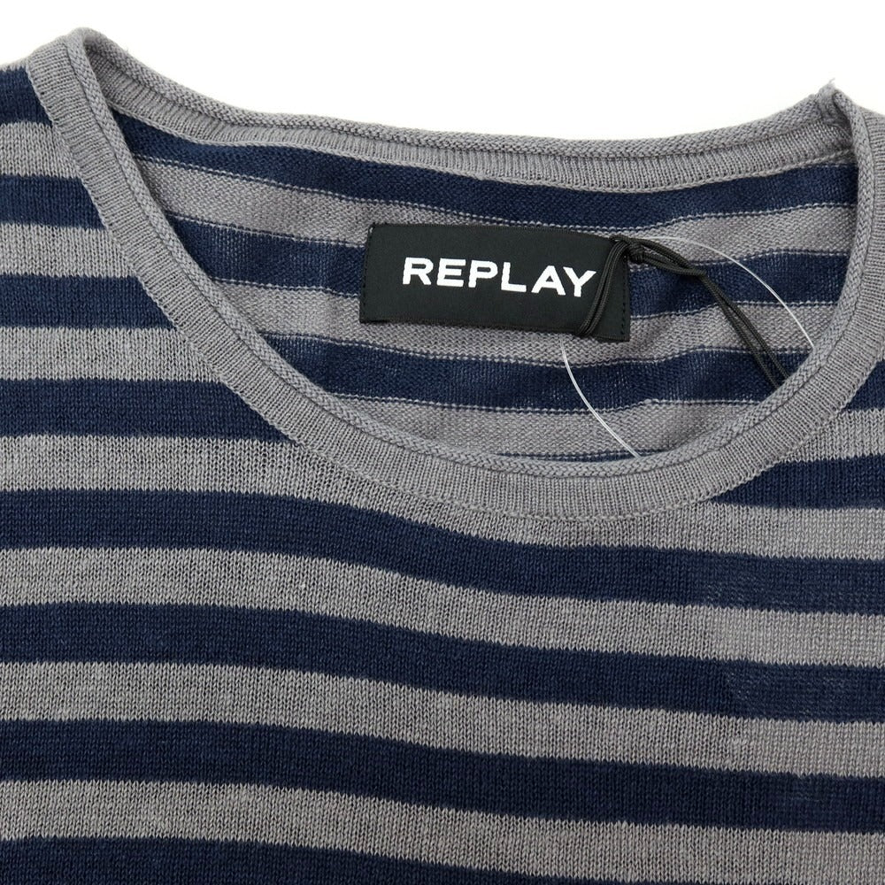 【新品】リプレイ REPLAY リネン ボーダー プルオーバーニット グレーxネイビー【サイズS】【 状態ランクN 】【 メンズ 】
