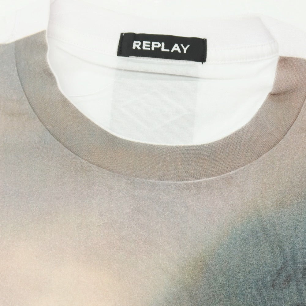 【新品】リプレイ REPLAY コットン 転写プリント＆バッグロゴ クルーネック 半袖Ｔシャツ ホワイトxグレー【サイズS】【 状態ランクN 】【 メンズ 】
