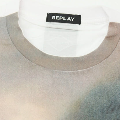 【新品】リプレイ REPLAY コットン 転写プリント＆バッグロゴ クルーネック 半袖Ｔシャツ ホワイトxグレー【サイズS】【 状態ランクN 】【 メンズ 】