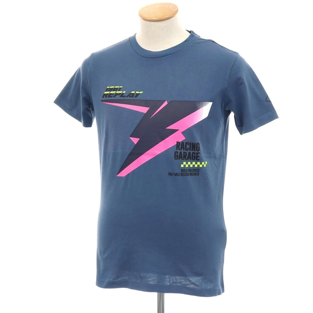 【新品アウトレット】リプレイ REPLAY コットン RACING GARAGE プリント クルーネック 半袖Ｔシャツ ダルブルー【サイズS】【 状態ランクN- 】【 メンズ 】