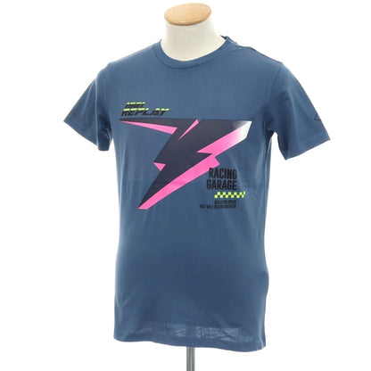 【新品アウトレット】リプレイ REPLAY コットン RACING GARAGE プリント クルーネック 半袖Ｔシャツ ダルブルー【サイズS】【 状態ランクN- 】【 メンズ 】