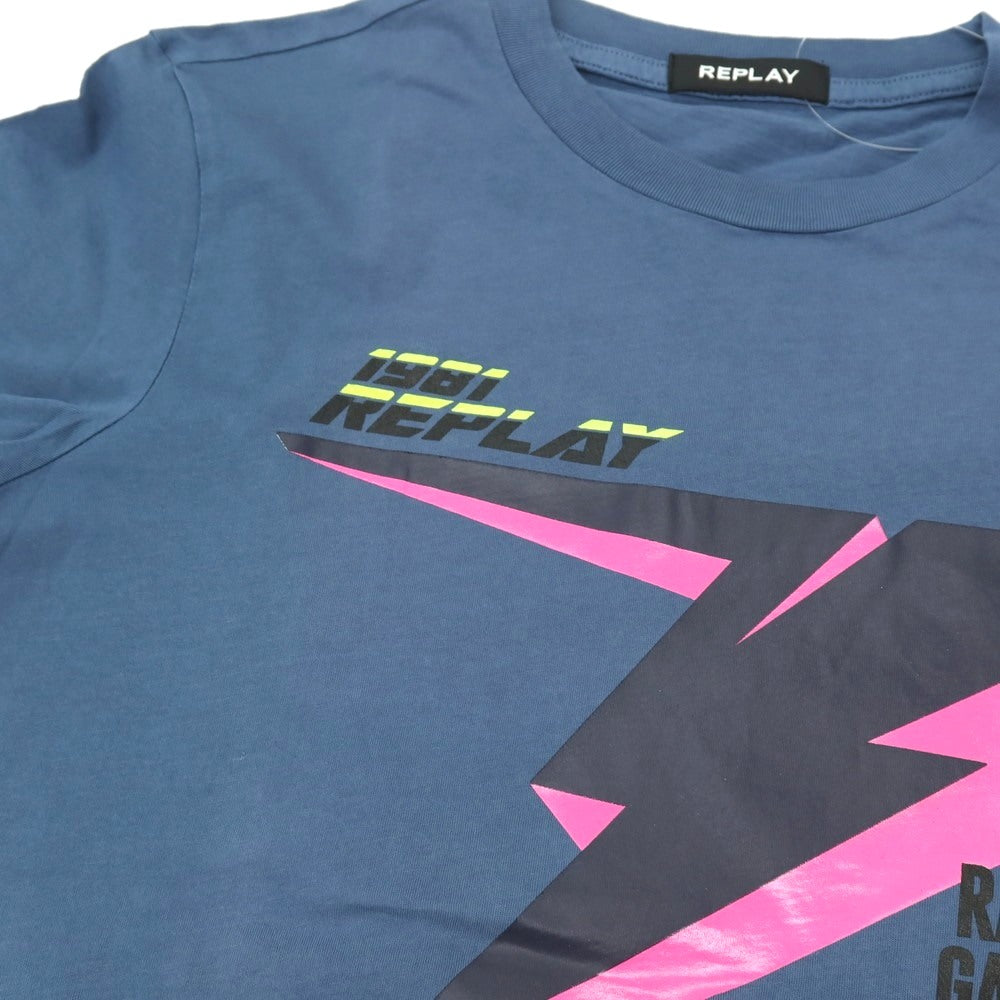 【新品アウトレット】リプレイ REPLAY コットン RACING GARAGE プリント クルーネック 半袖Ｔシャツ ダルブルー【サイズS】【 状態ランクN- 】【 メンズ 】