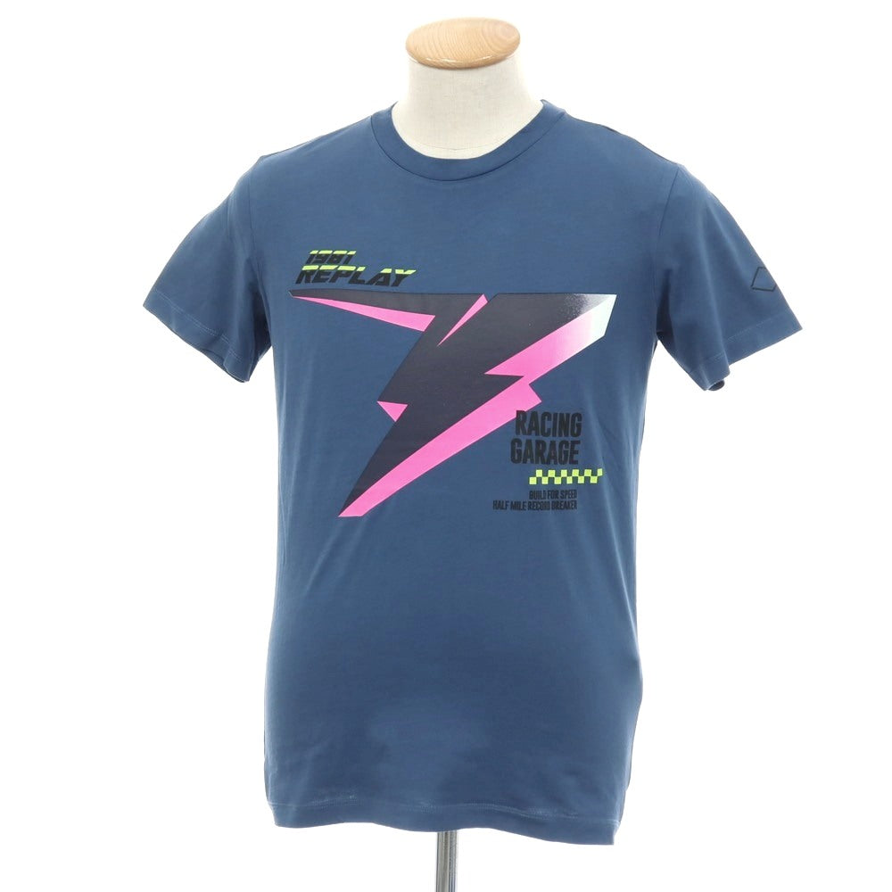 【新品】リプレイ REPLAY コットン RACING GARAGE プリント クルーネック 半袖Ｔシャツ ダルブルー【サイズS】【 状態ランクN 】【 メンズ 】