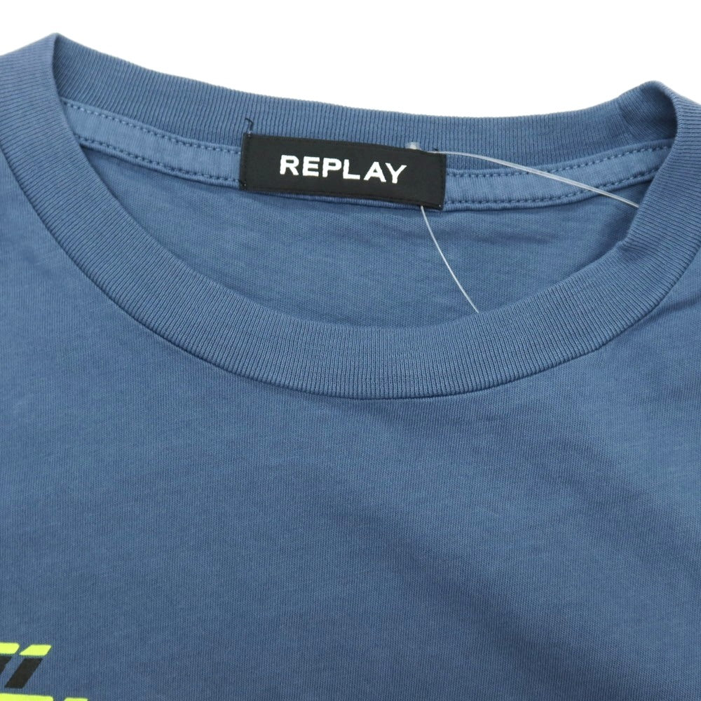 【新品アウトレット】リプレイ REPLAY コットン RACING GARAGE プリント クルーネック 半袖Ｔシャツ ダルブルー【サイズS】【 状態ランクN- 】【 メンズ 】