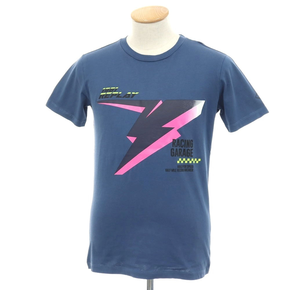 【新品アウトレット】リプレイ REPLAY コットン RACING GARAGE プリント クルーネック 半袖Ｔシャツ ダルブルー【サイズS】【 状態ランクN- 】【 メンズ 】