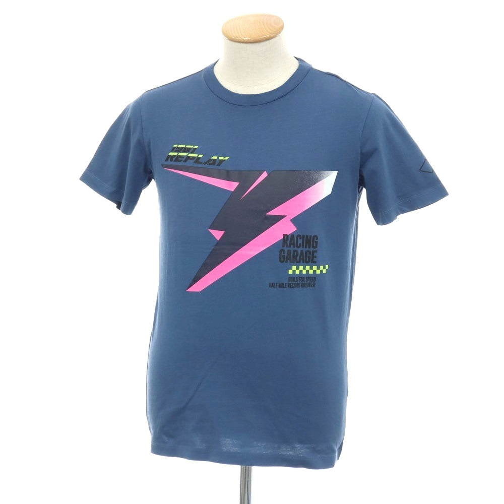 【新品アウトレット】リプレイ REPLAY コットン RACING GARAGE プリント クルーネック 半袖Ｔシャツ ダルブルー【サイズS】【 状態ランクN- 】【 メンズ 】