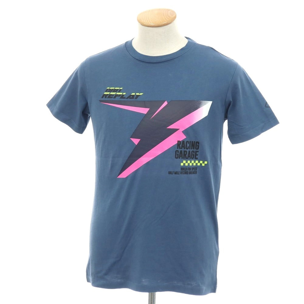 【新品アウトレット】リプレイ REPLAY コットン RACING GARAGE プリント クルーネック 半袖Ｔシャツ ダルブルー【サイズS】【 状態ランクN- 】【 メンズ 】