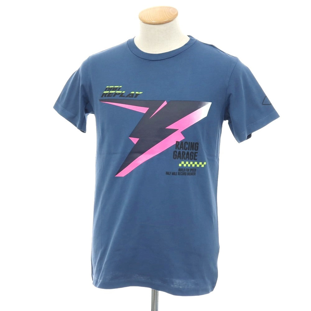 【新品】リプレイ REPLAY コットン RACING GARAGE プリント クルーネック 半袖Ｔシャツ ダルブルー【サイズS】【 状態ランクN 】【 メンズ 】