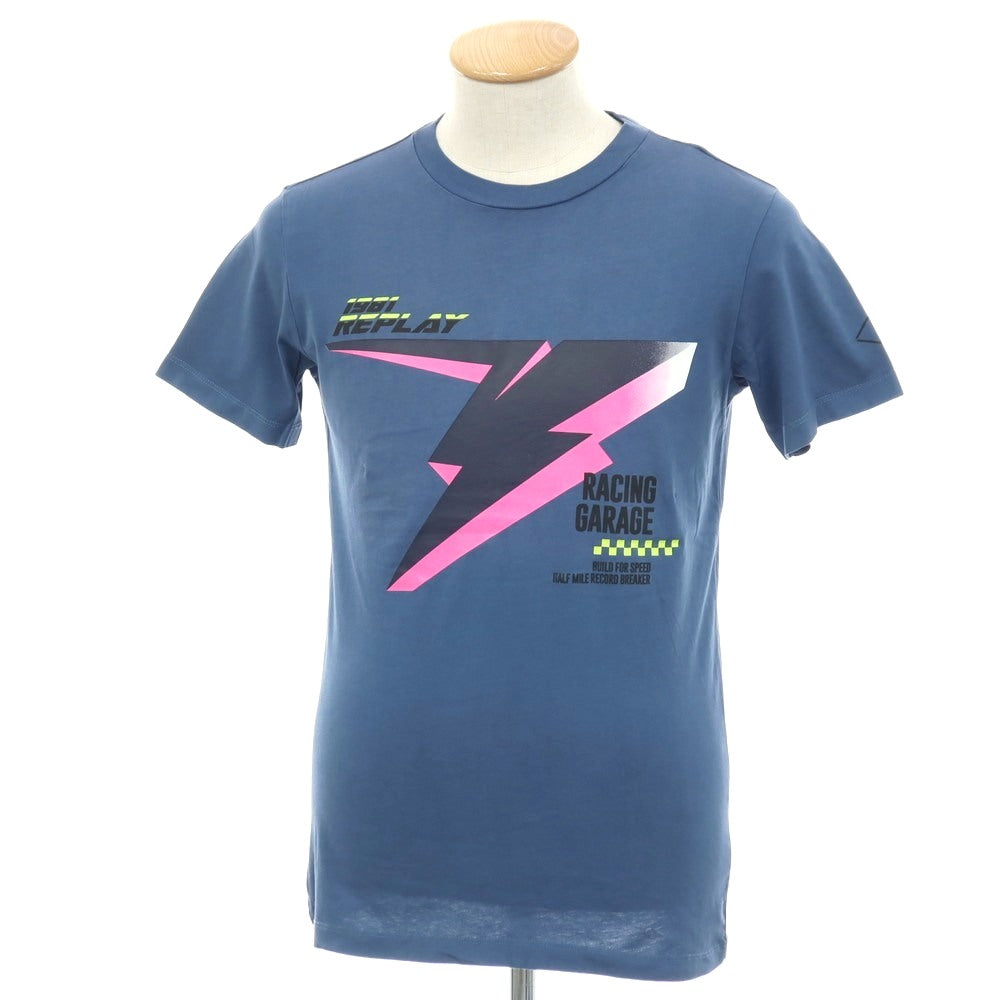 【新品アウトレット】リプレイ REPLAY コットン RACING GARAGE プリント クルーネック 半袖Ｔシャツ ダルブルー【サイズS】【 状態ランクN- 】【 メンズ 】
