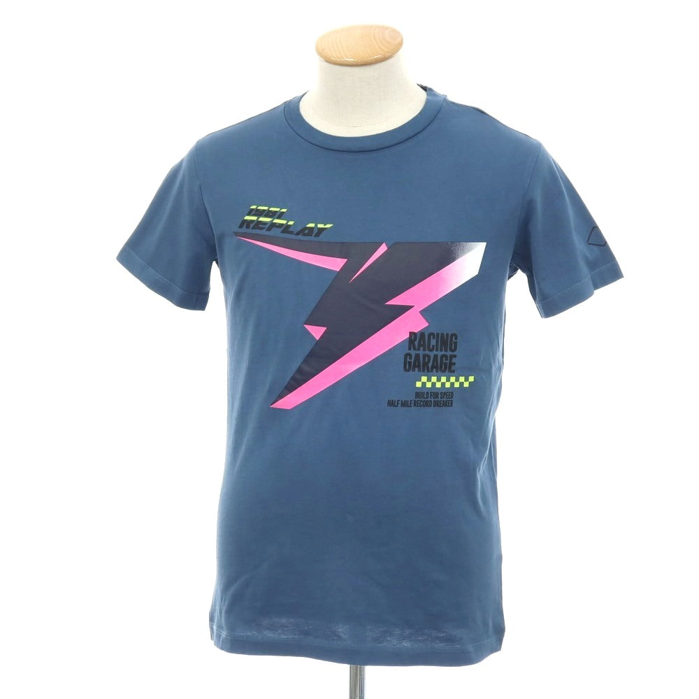 【新品】リプレイ REPLAY コットン RACING GARAGE プリント クルーネック 半袖Ｔシャツ ダルブルー【サイズS】【 状態ランクN 】【 メンズ 】
