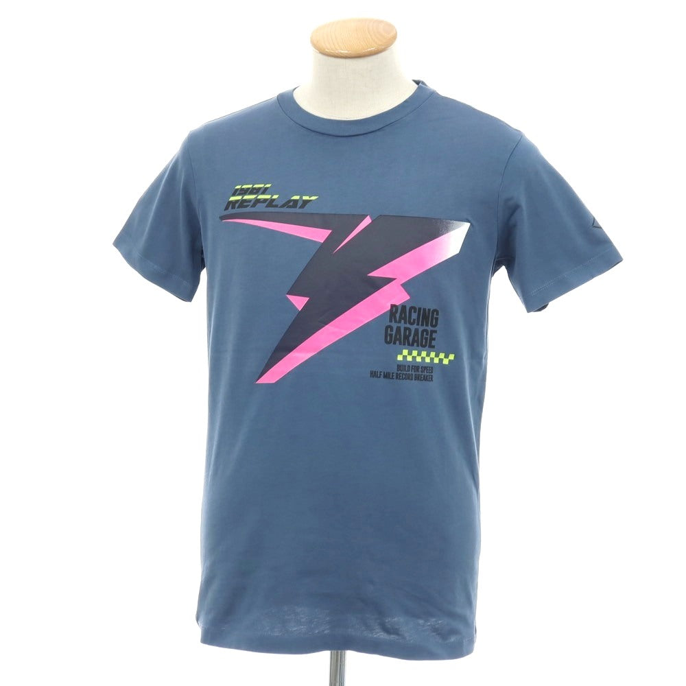 【新品アウトレット】リプレイ REPLAY コットン RACING GARAGE プリント クルーネック 半袖Ｔシャツ ダルブルー【サイズS】【 状態ランクN- 】【 メンズ 】