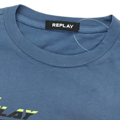 【新品アウトレット】リプレイ REPLAY コットン RACING GARAGE プリント クルーネック 半袖Ｔシャツ ダルブルー【サイズS】【 状態ランクN- 】【 メンズ 】