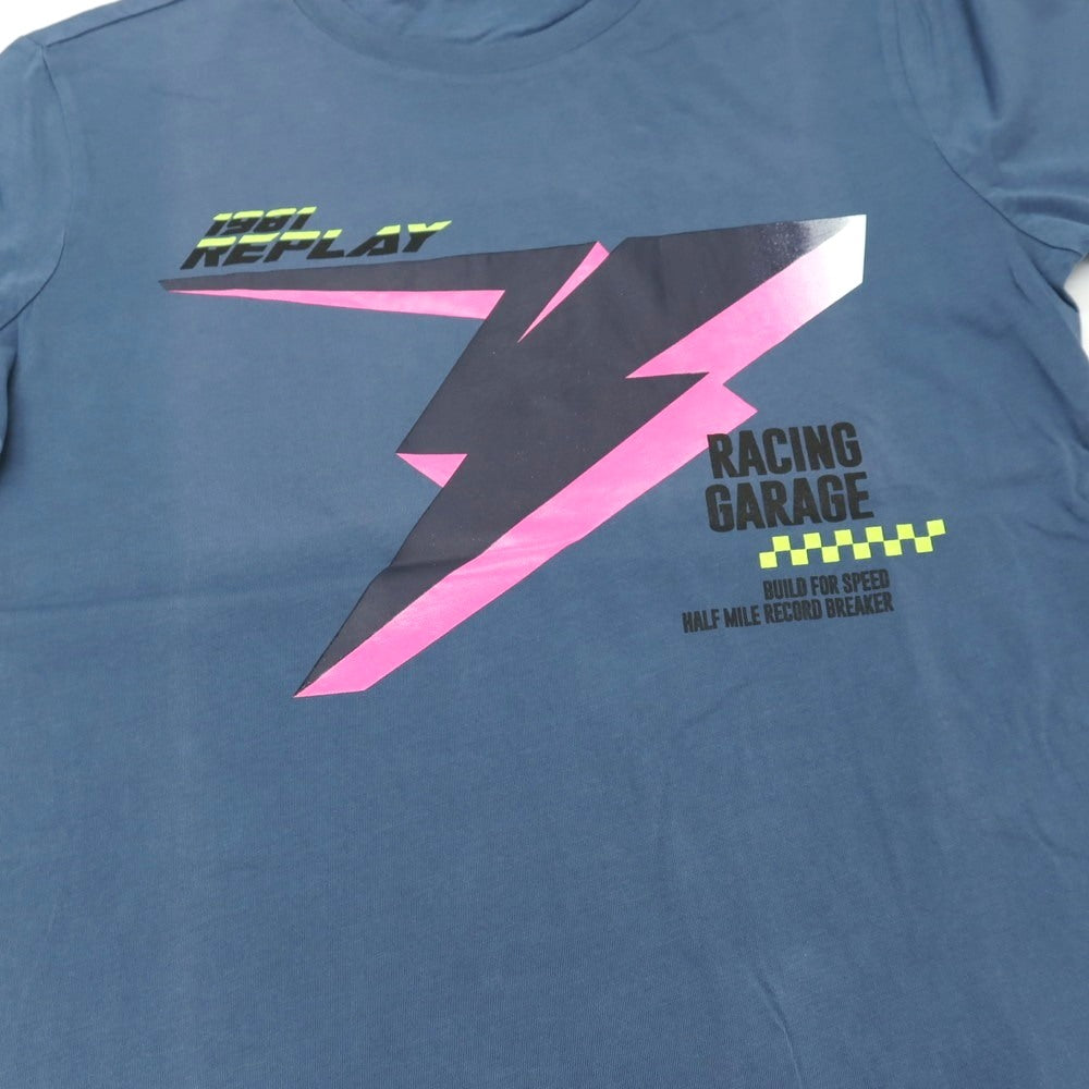 【新品アウトレット】リプレイ REPLAY コットン RACING GARAGE プリント クルーネック 半袖Ｔシャツ ダルブルー【サイズS】【 状態ランクN- 】【 メンズ 】