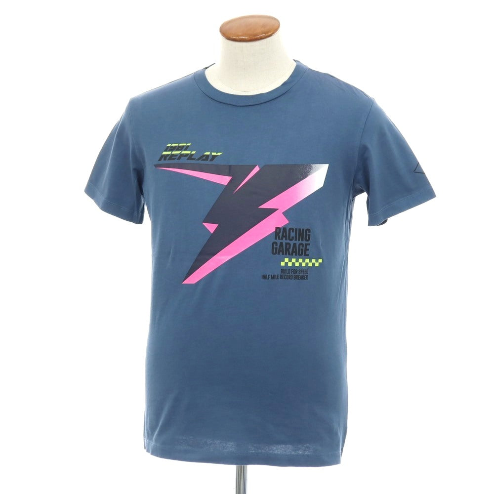 【新品アウトレット】リプレイ REPLAY コットン RACING GARAGE プリント クルーネック 半袖Ｔシャツ ダルブルー【サイズM】【 状態ランクN- 】【 メンズ 】