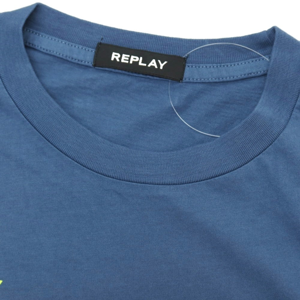 【新品アウトレット】リプレイ REPLAY コットン RACING GARAGE プリント クルーネック 半袖Ｔシャツ ダルブルー【サイズM】【 状態ランクN- 】【 メンズ 】