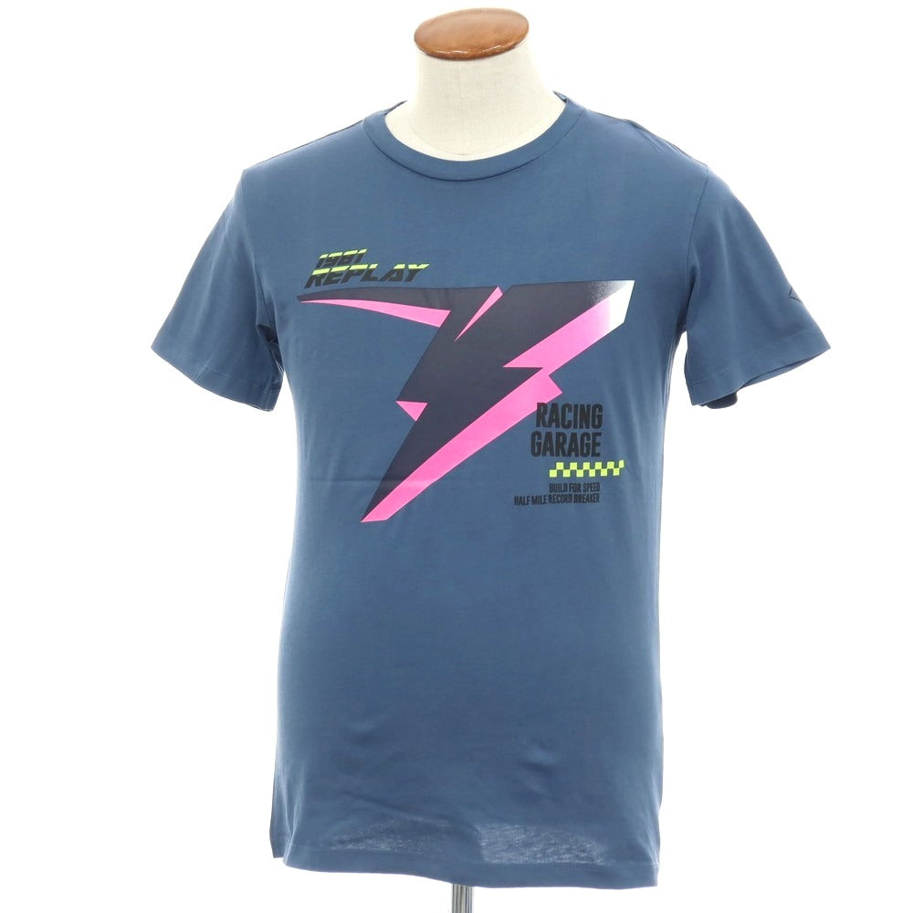【新品アウトレット】リプレイ REPLAY コットン RACING GARAGE プリント クルーネック 半袖Ｔシャツ ダルブルー【サイズM】【 状態ランクN- 】【 メンズ 】