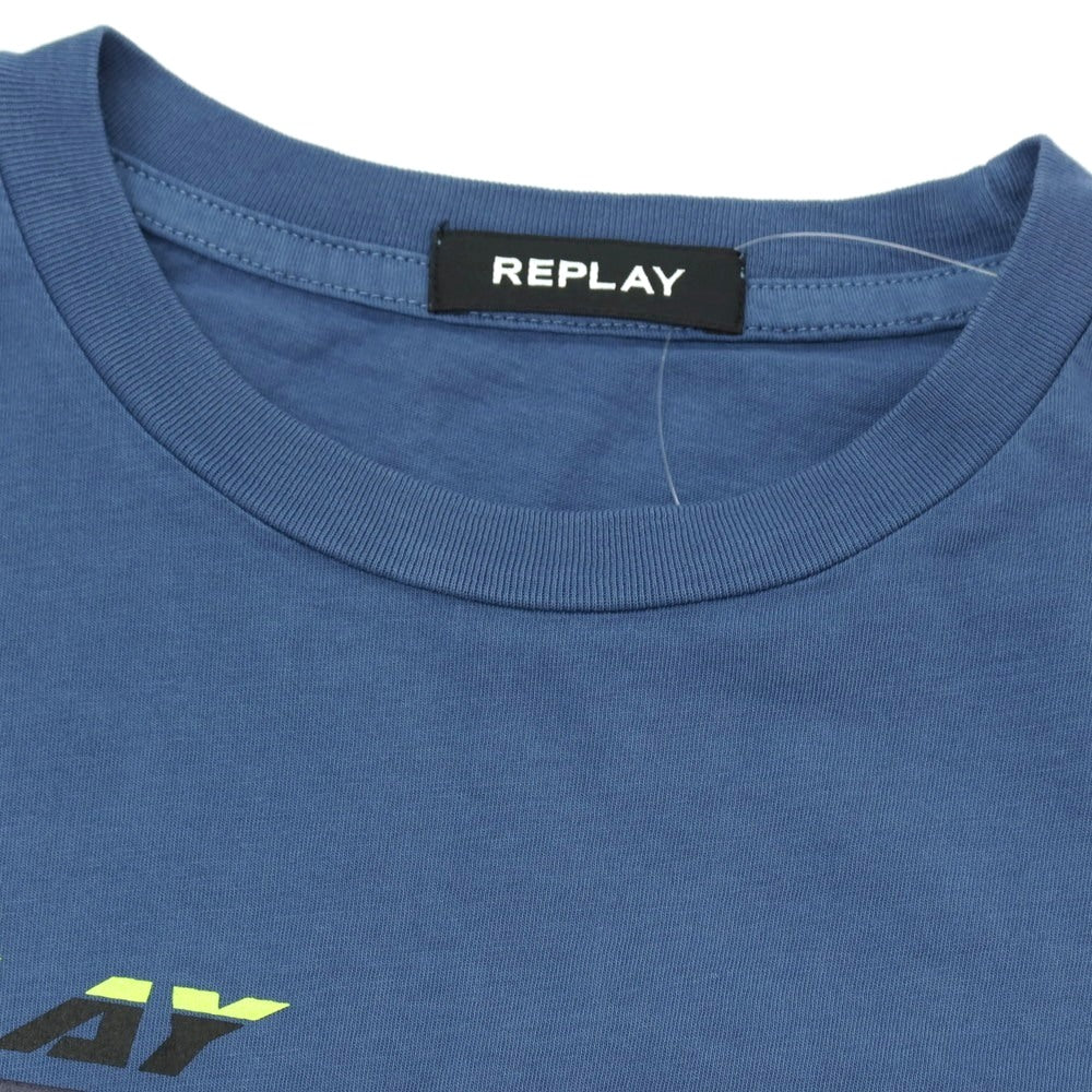 【新品アウトレット】リプレイ REPLAY コットン RACING GARAGE プリント クルーネック 半袖Ｔシャツ ダルブルー【サイズM】【 状態ランクN- 】【 メンズ 】