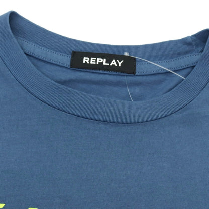 【新品アウトレット】リプレイ REPLAY コットン RACING GARAGE プリント クルーネック 半袖Ｔシャツ ダルブルー【サイズM】【 状態ランクN- 】【 メンズ 】
