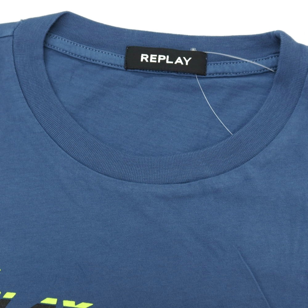 【新品アウトレット】リプレイ REPLAY コットン RACING GARAGE プリント クルーネック 半袖Ｔシャツ ダルブルー【サイズM】【 状態ランクN- 】【 メンズ 】