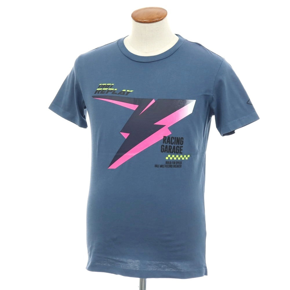 【新品アウトレット】リプレイ REPLAY コットン RACING GARAGE プリント クルーネック 半袖Ｔシャツ ダルブルー【サイズM】【 状態ランクN- 】【 メンズ 】