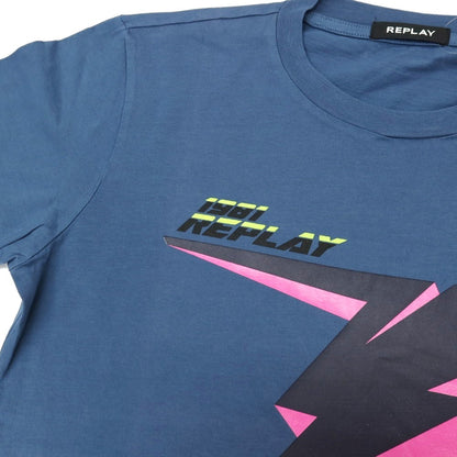 【新品アウトレット】リプレイ REPLAY コットン RACING GARAGE プリント クルーネック 半袖Ｔシャツ ダルブルー【サイズM】【 状態ランクN- 】【 メンズ 】