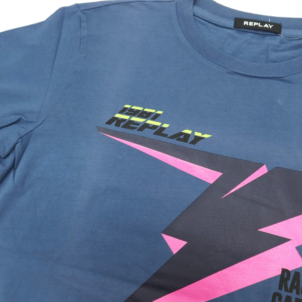 【新品アウトレット】リプレイ REPLAY コットン RACING GARAGE プリント クルーネック 半袖Ｔシャツ ダルブルー【サイズM】【 状態ランクN- 】【 メンズ 】