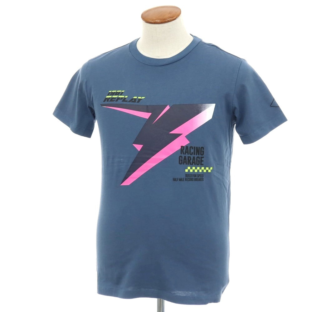 【新品アウトレット】リプレイ REPLAY コットン RACING GARAGE プリント クルーネック 半袖Ｔシャツ ダルブルー【サイズM】【 状態ランクN- 】【 メンズ 】