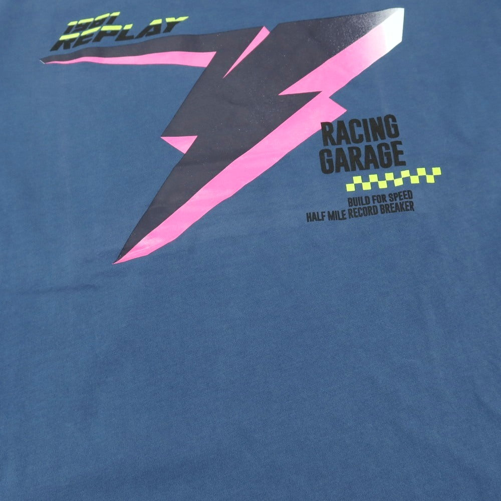 【新品アウトレット】リプレイ REPLAY コットン RACING GARAGE プリント クルーネック 半袖Ｔシャツ ダルブルー【サイズXL】【 状態ランクN- 】【 メンズ 】