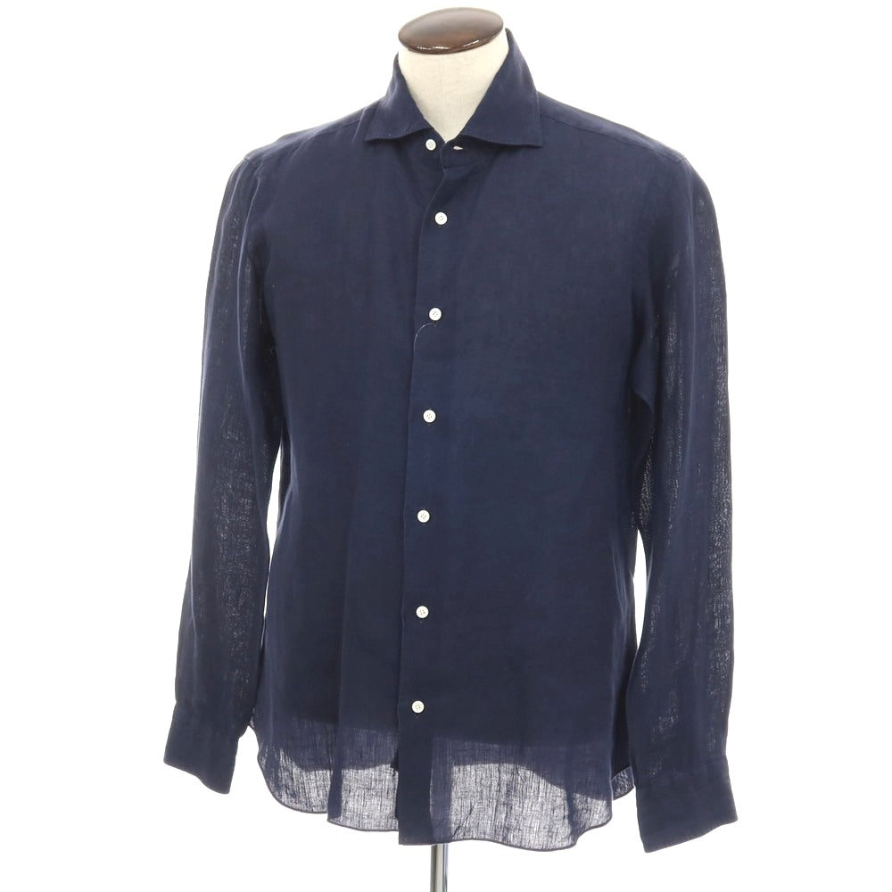 【中古】バルバ ダンディライフ BARBA DANDY LIFE リネン ワイドカラー カジュアルシャツ ネイビー【サイズ42】【 状態ランクC 】【 メンズ 】