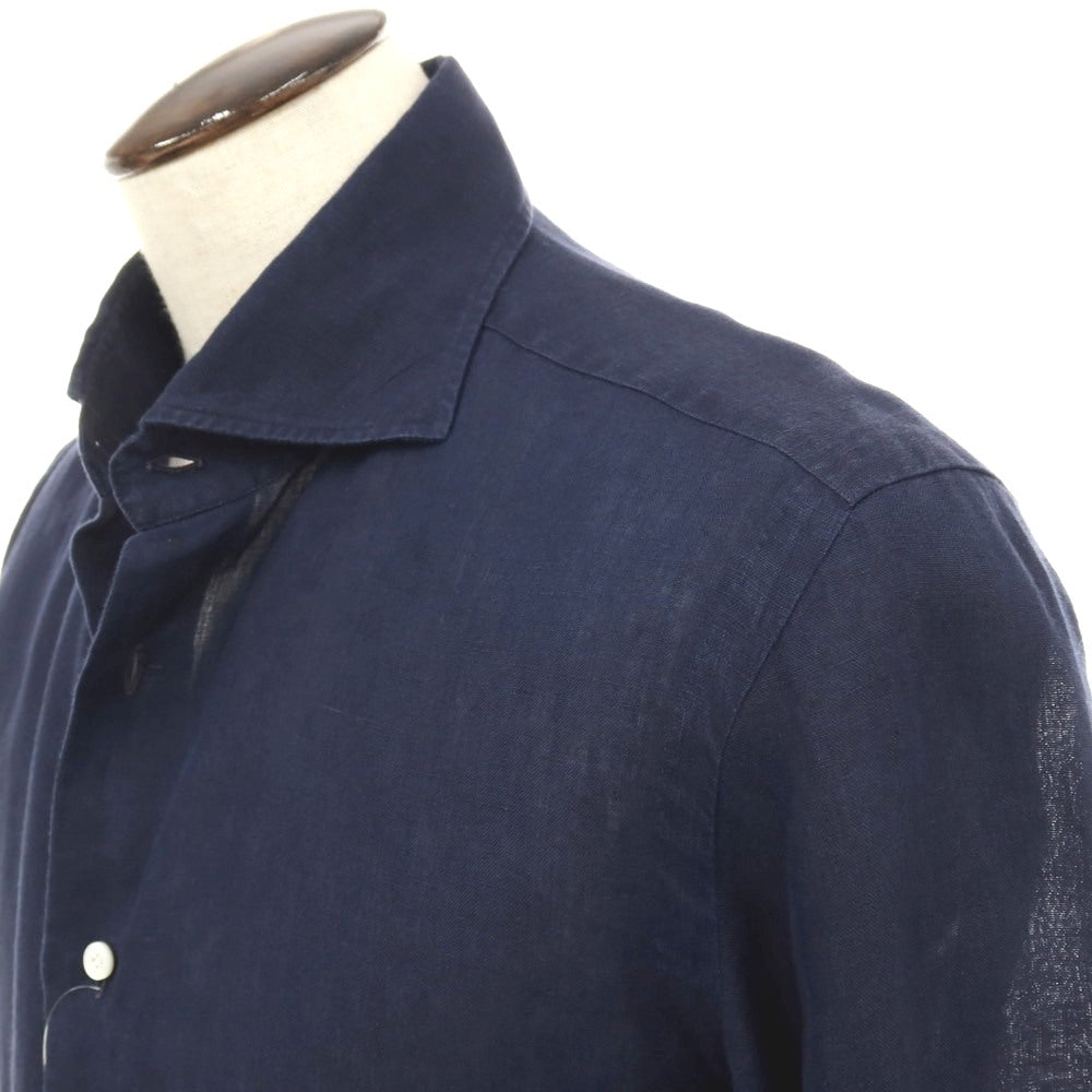 【中古】バルバ ダンディライフ BARBA DANDY LIFE リネン ワイドカラー カジュアルシャツ ネイビー【サイズ42】【 状態ランクC 】【 メンズ 】