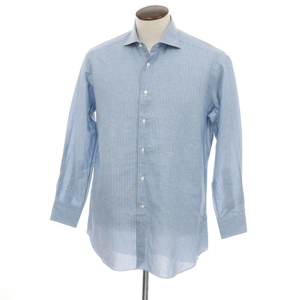 【中古】バグッタ Bagutta リネンコットン ストライプ ワイドカラー ドレスシャツ ライトブルー【サイズ41】【 状態ランクB 】【 メンズ 】