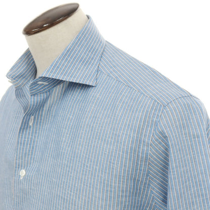 【中古】バグッタ Bagutta リネンコットン ストライプ ワイドカラー ドレスシャツ ライトブルー【サイズ41】【 状態ランクB 】【 メンズ 】