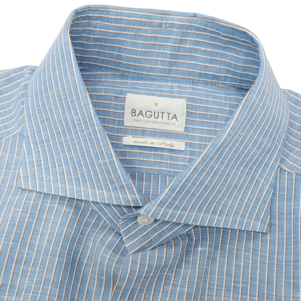 【中古】バグッタ Bagutta リネンコットン ストライプ ワイドカラー ドレスシャツ ライトブルー【サイズ41】【 状態ランクB 】【 メンズ 】