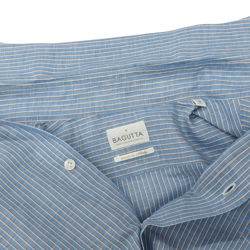 【中古】バグッタ Bagutta リネンコットン ストライプ ワイドカラー ドレスシャツ ライトブルー【サイズ41】【 状態ランクB 】【 メンズ 】