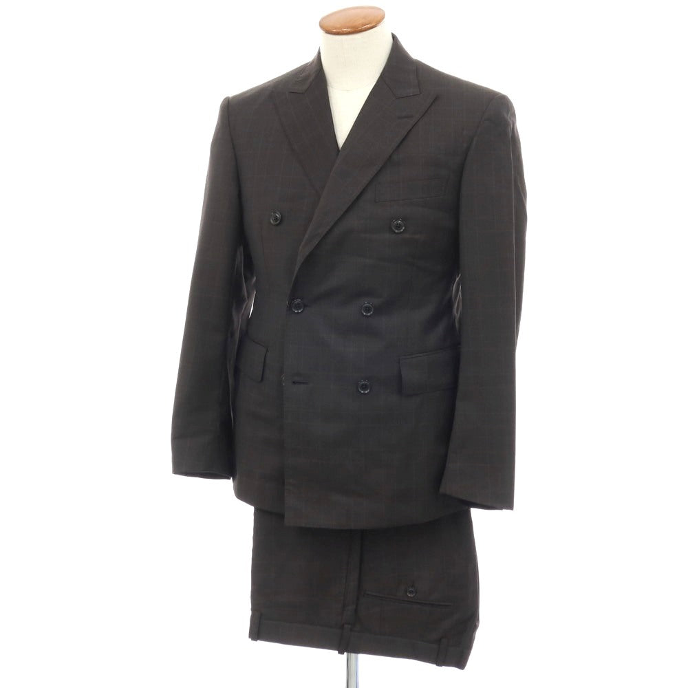 【中古】アザブテーラー azabu tailor ウール チェック ダブルスーツ ダークブラウン【サイズ上50/下85】【 状態ランクC 】【 メンズ 】[APD]