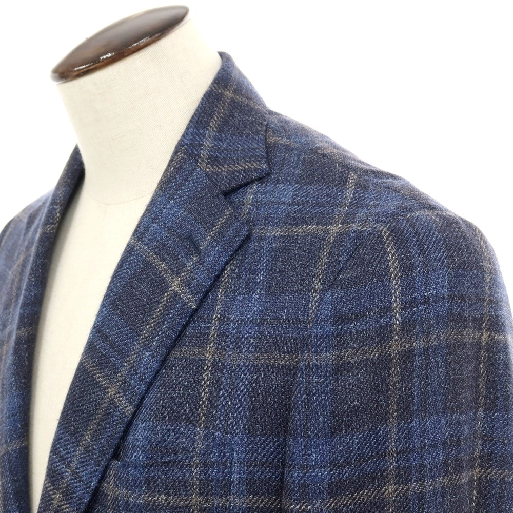 【中古】バルバ BARBA ウールシルクリネン チェック 3B テーラードジャケット ネイビーxベージュ【サイズ50】【 状態ランクC 】【 メンズ 】