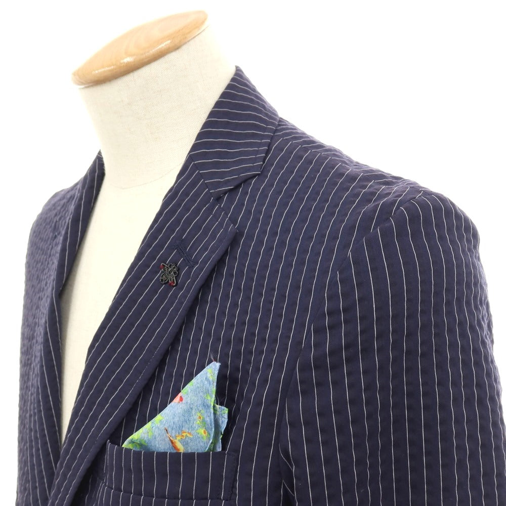 【中古】【未使用】ジーステージ g-stage COOL MAX ポリエステルコットン サッカー ストライプ 2B カジュアルジャケット ネイビー【サイズ44】【 状態ランクS 】【 メンズ 】