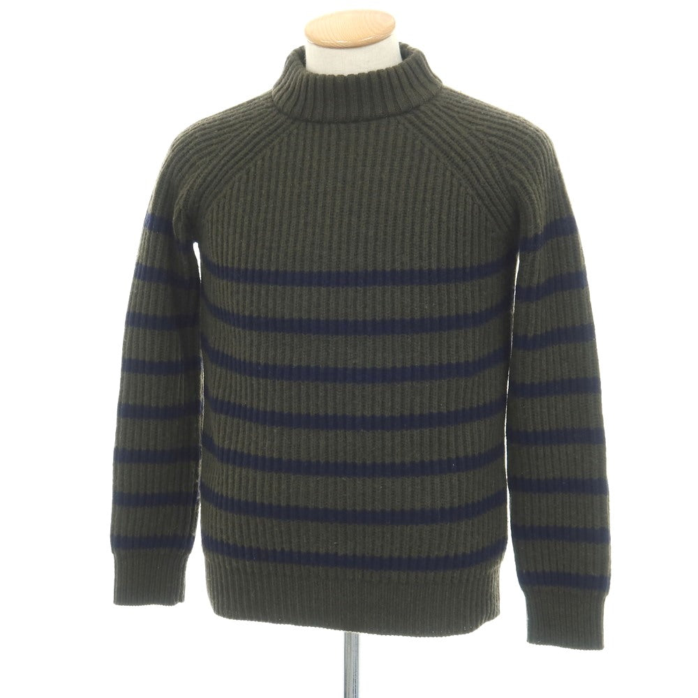 【中古】ルトロワ Letroyes ローゲージ ウールカシミヤ ボーダー リブ編み モックネック プルオーバーニット オリーブxネイビー【サイズS】【 状態ランクB 】【 メンズ 】