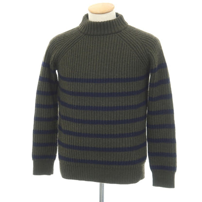 【中古】ルトロワ Letroyes ローゲージ ウールカシミヤ ボーダー リブ編み モックネック プルオーバーニット オリーブxネイビー【サイズS】【 状態ランクB 】【 メンズ 】