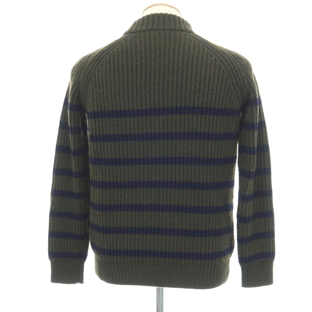 【中古】ルトロワ Letroyes ローゲージ ウールカシミヤ ボーダー リブ編み モックネック プルオーバーニット オリーブxネイビー【サイズS】【 状態ランクB 】【 メンズ 】