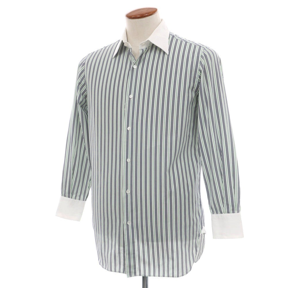 【中古】スティレ ラティーノ STILE LATINO コットン ストライプ クレリック レギュラーカラー ドレスシャツ ネイビーxグリーン【サイズ39】【 状態ランクC 】【 メンズ 】